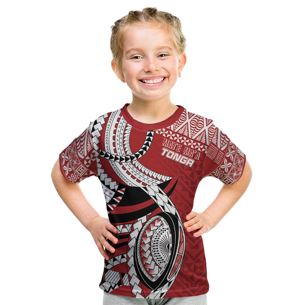 Mate Ma'a Tonga Rugby Custom Kupesi Motifs Kid T Shirt Red Waves LT7 Red - Polynesian Pride