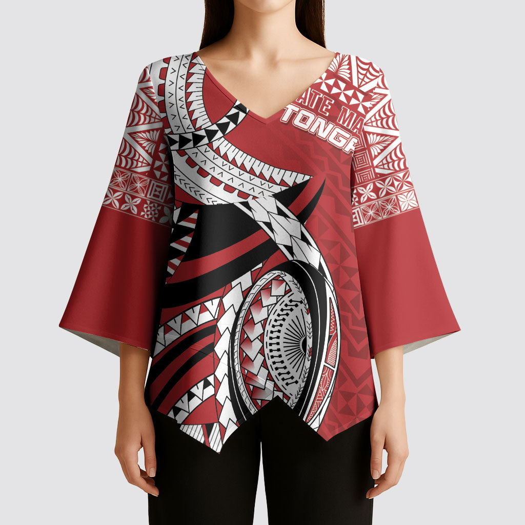 Mate Ma'a Tonga Rugby Custom Kupesi Motifs Kimono Sleeve Blouse Red Waves LT7 - Polynesian Pride
