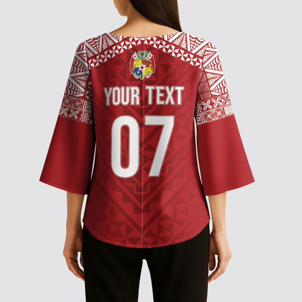 Mate Ma'a Tonga Rugby Custom Kupesi Motifs Kimono Sleeve Blouse Red Waves LT7 - Polynesian Pride