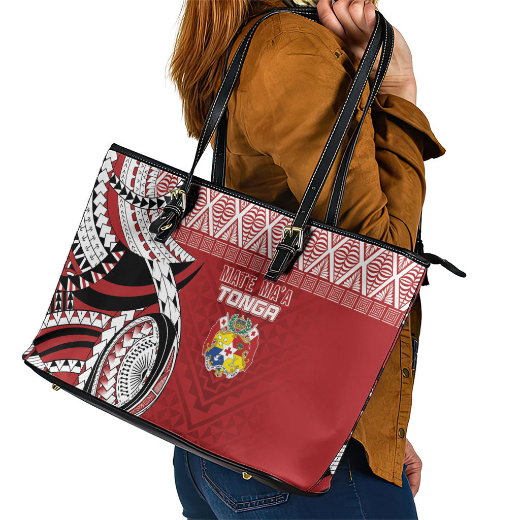 Mate Ma'a Tonga Rugby Kupesi Motifs Leather Tote Bag Red Waves LT7 - Polynesian Pride