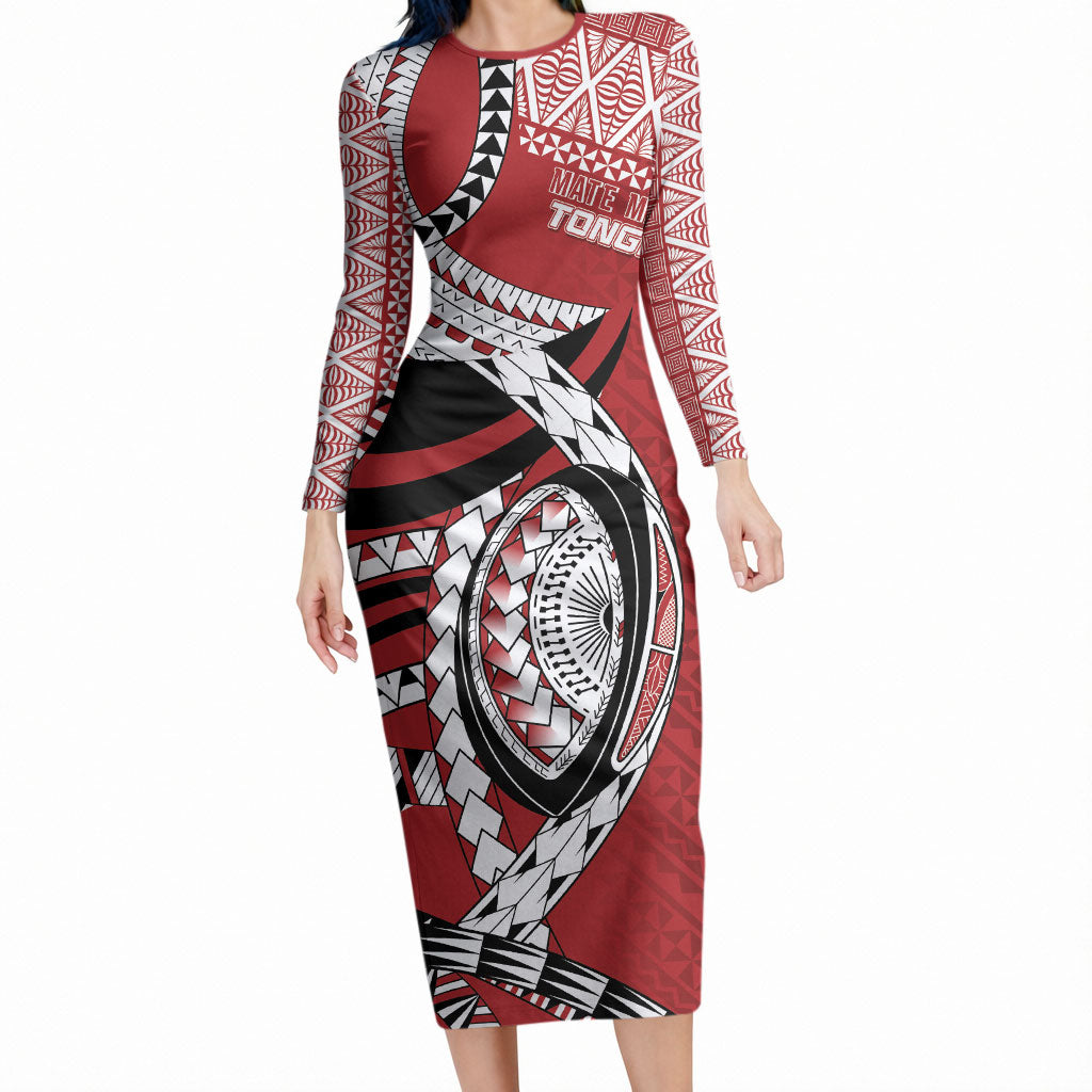 Mate Ma'a Tonga Rugby Custom Kupesi Motifs Long Sleeve Bodycon Dress Red Waves LT7 Long Dress Red - Polynesian Pride