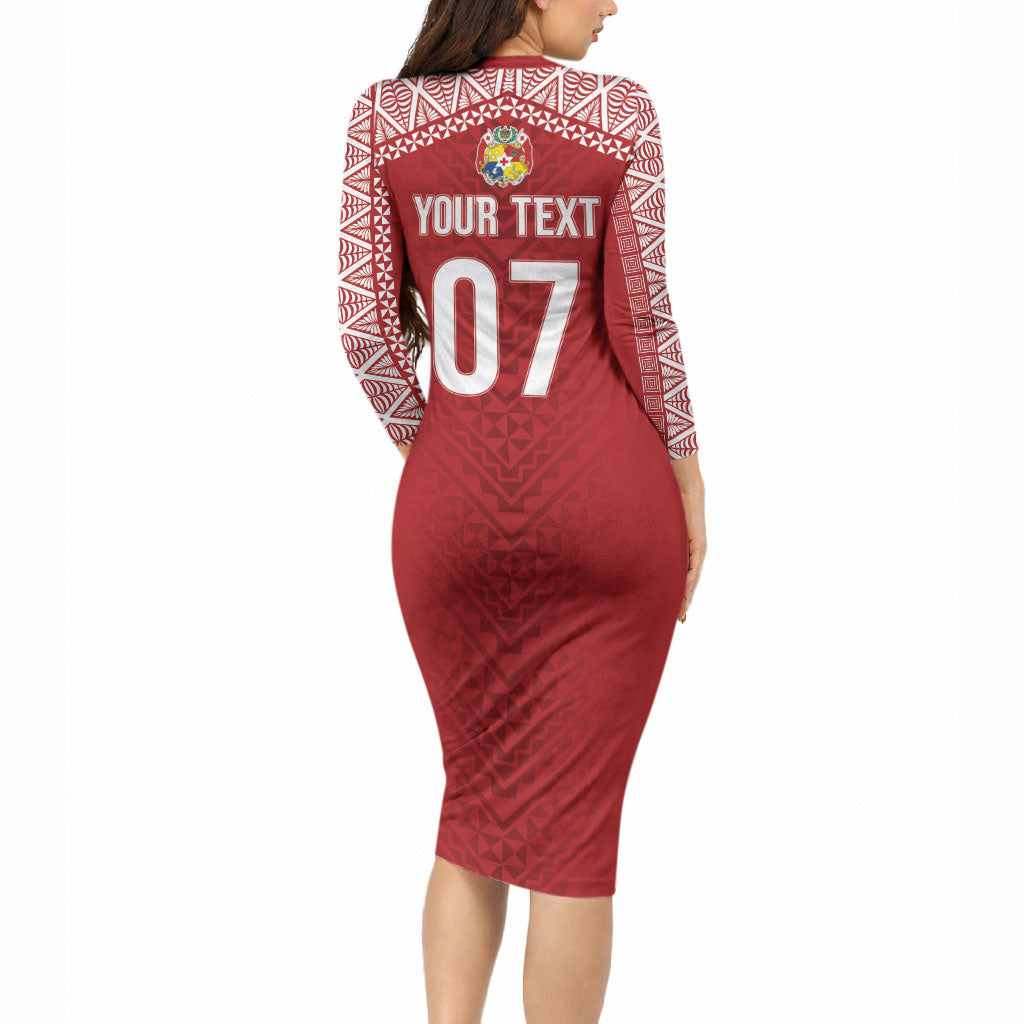 Mate Ma'a Tonga Rugby Custom Kupesi Motifs Long Sleeve Bodycon Dress Red Waves LT7 - Polynesian Pride
