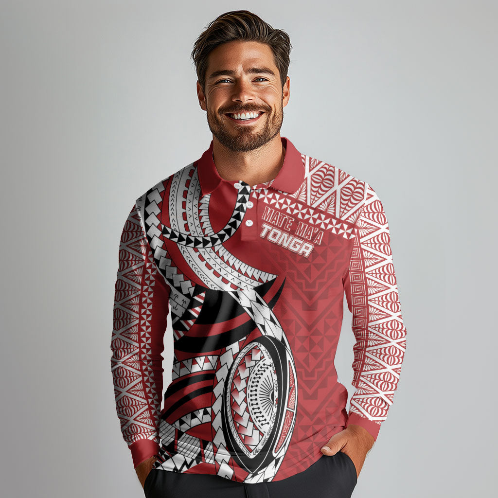 Mate Ma'a Tonga Rugby Custom Kupesi Motifs Long Sleeve Polo Shirt Red Waves LT7 - Polynesian Pride