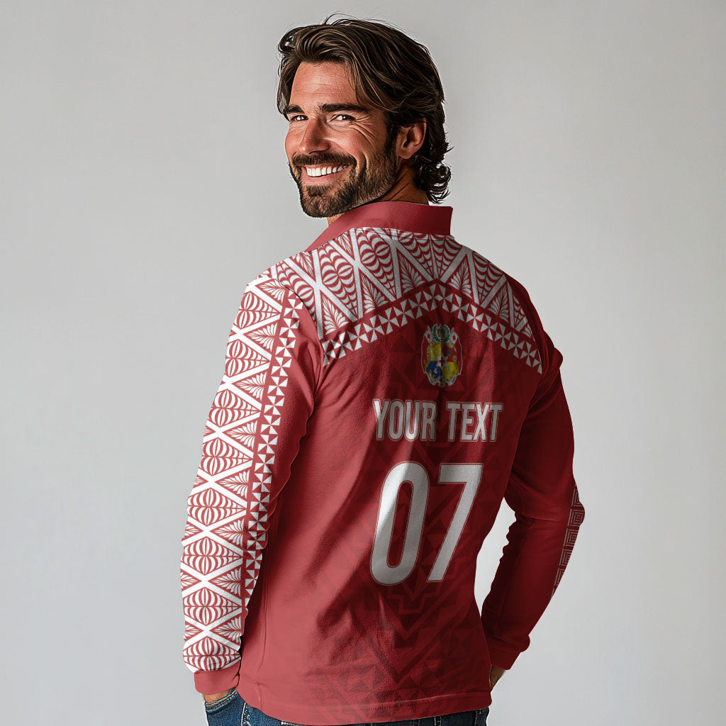 Mate Ma'a Tonga Rugby Custom Kupesi Motifs Long Sleeve Polo Shirt Red Waves LT7 - Polynesian Pride