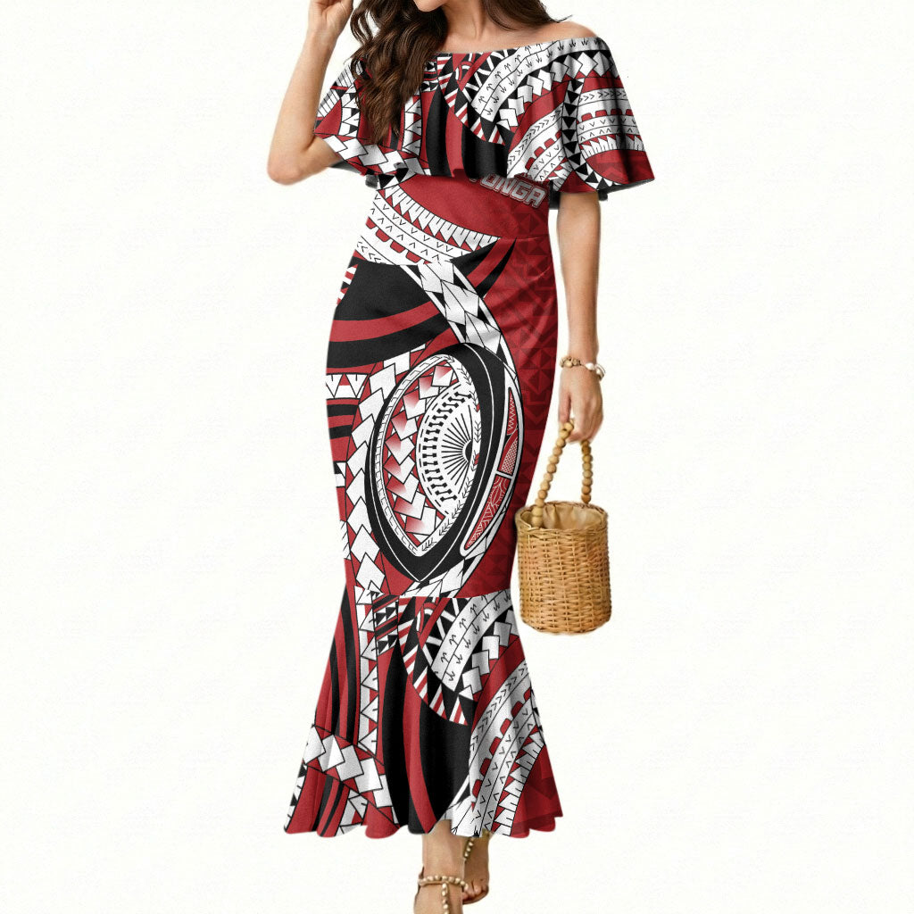 Mate Ma'a Tonga Rugby Custom Kupesi Motifs Mermaid Dress Red Waves