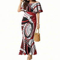 Mate Ma'a Tonga Rugby Custom Kupesi Motifs Mermaid Dress Red Waves LT7 Women Red - Polynesian Pride
