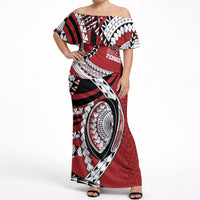Mate Ma'a Tonga Rugby Custom Kupesi Motifs Off Shoulder Maxi Dress Red Waves LT7 Women Red - Polynesian Pride
