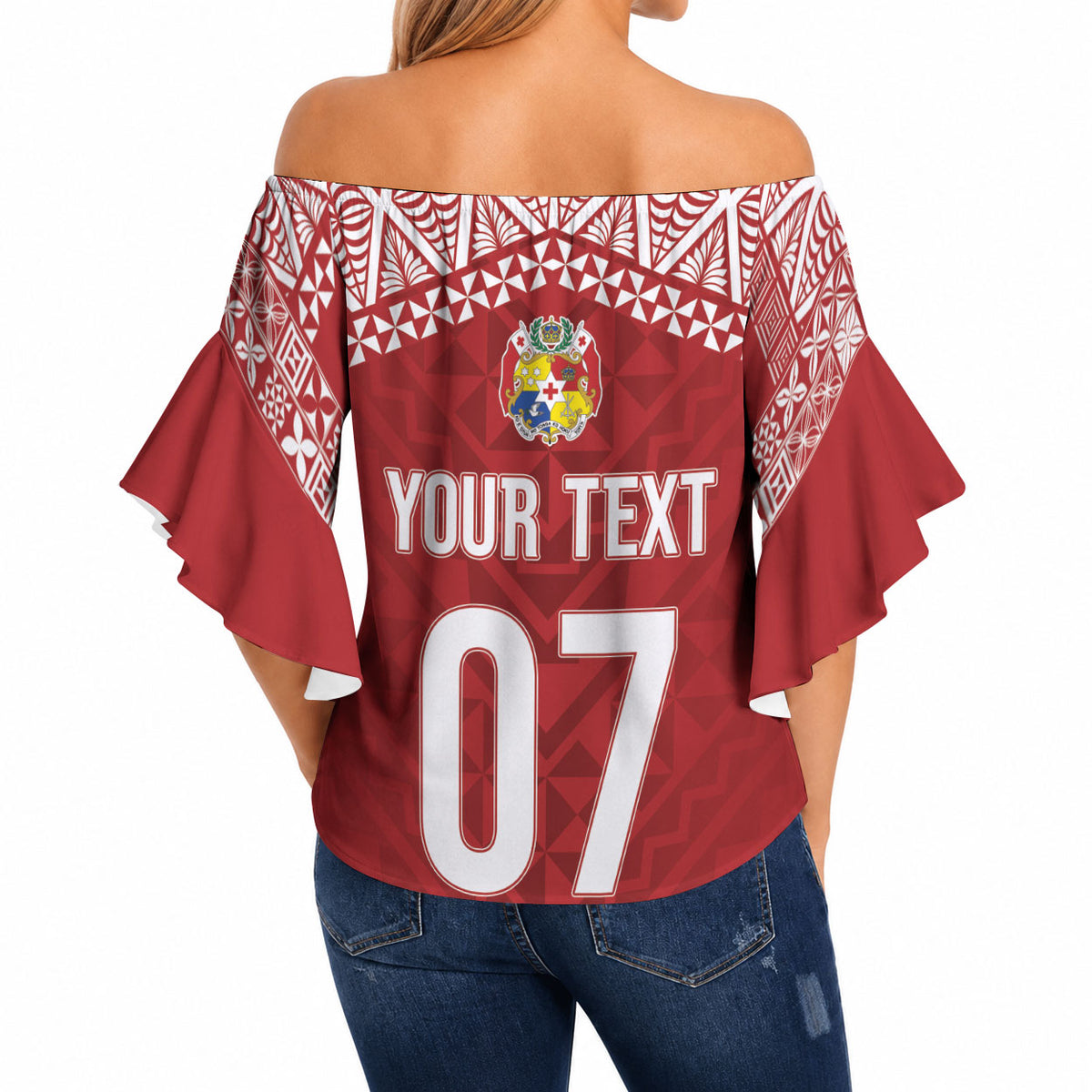 Mate Ma'a Tonga Rugby Custom Kupesi Motifs Off Shoulder Wrap Waist Top Red Waves LT7 - Polynesian Pride