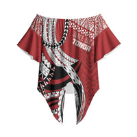 Mate Ma'a Tonga Rugby Custom Kupesi Motifs Off Shoulder Wrap Waist Top Red Waves LT7 - Polynesian Pride