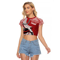 Mate Ma'a Tonga Rugby Custom Kupesi Motifs Raglan Cropped T Shirt Red Waves LT7 Female Red - Polynesian Pride