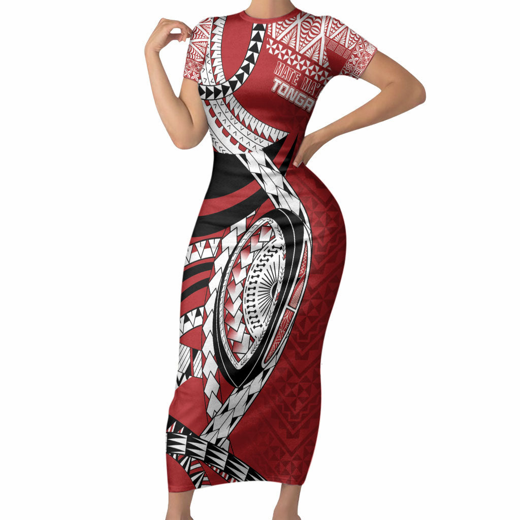 Mate Ma'a Tonga Rugby Custom Kupesi Motifs Short Sleeve Bodycon Dress Red Waves LT7 Long Dress Red - Polynesian Pride