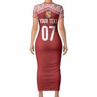 Mate Ma'a Tonga Rugby Custom Kupesi Motifs Short Sleeve Bodycon Dress Red Waves LT7 - Polynesian Pride