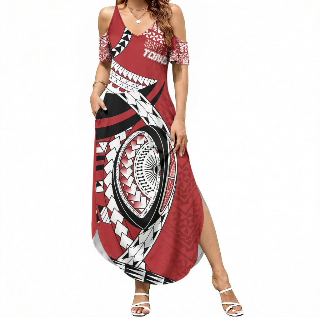 Mate Ma'a Tonga Rugby Custom Kupesi Motifs Summer Maxi Dress Red Waves LT7 Women Red - Polynesian Pride