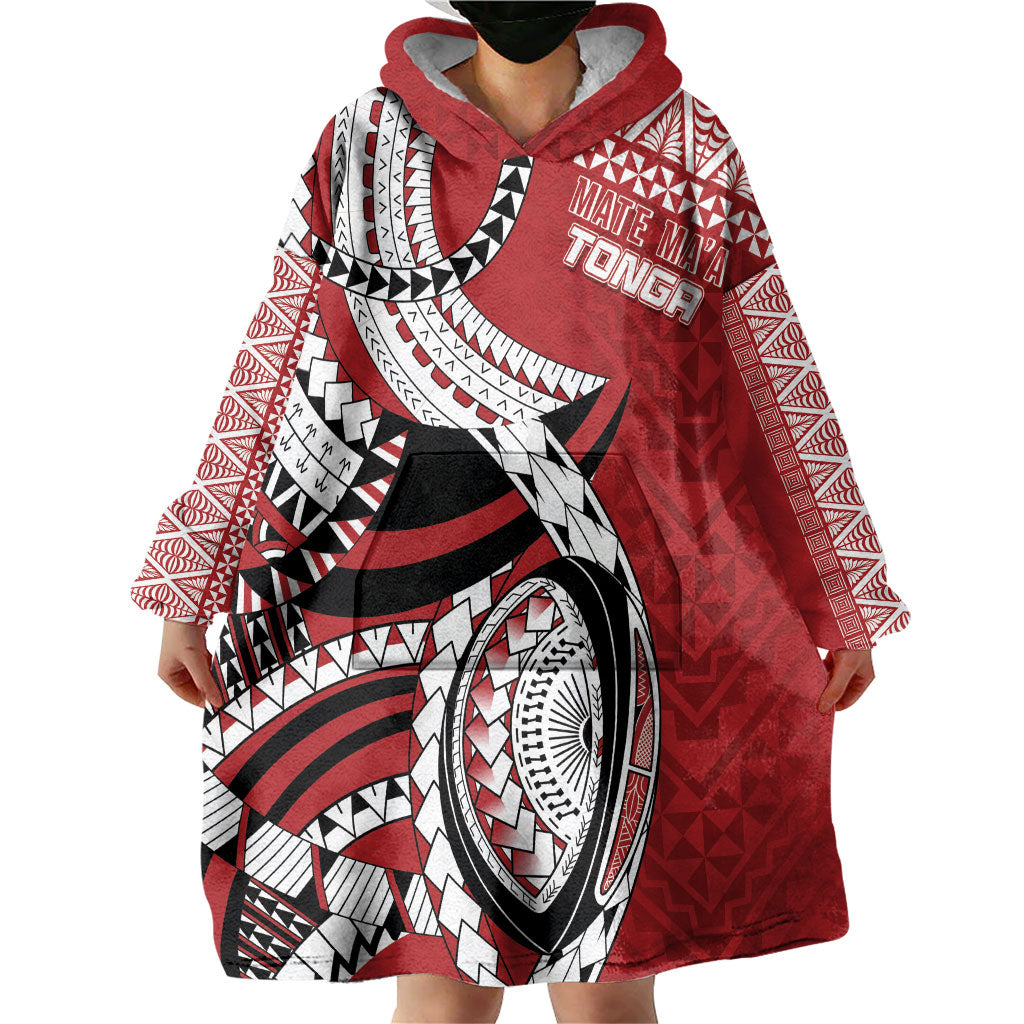Mate Ma'a Tonga Rugby Custom Kupesi Motifs Wearable Blanket Hoodie Red Waves LT7 - Polynesian Pride