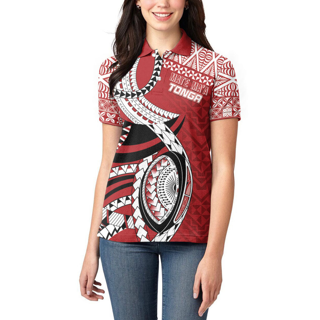 Mate Ma'a Tonga Rugby Custom Kupesi Motifs Women Polo Shirt Red Waves LT7 - Polynesian Pride