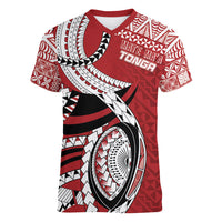 Mate Ma'a Tonga Rugby Custom Kupesi Motifs Women V-Neck T-Shirt Red Waves LT7 Female Red - Polynesian Pride