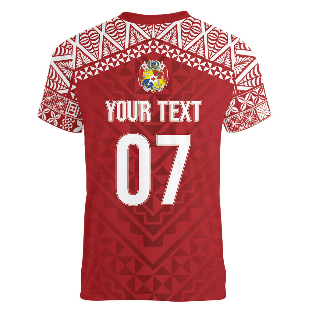 Mate Ma'a Tonga Rugby Custom Kupesi Motifs Women V-Neck T-Shirt Red Waves LT7 - Polynesian Pride