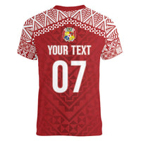 Mate Ma'a Tonga Rugby Custom Kupesi Motifs Women V-Neck T-Shirt Red Waves LT7 - Polynesian Pride