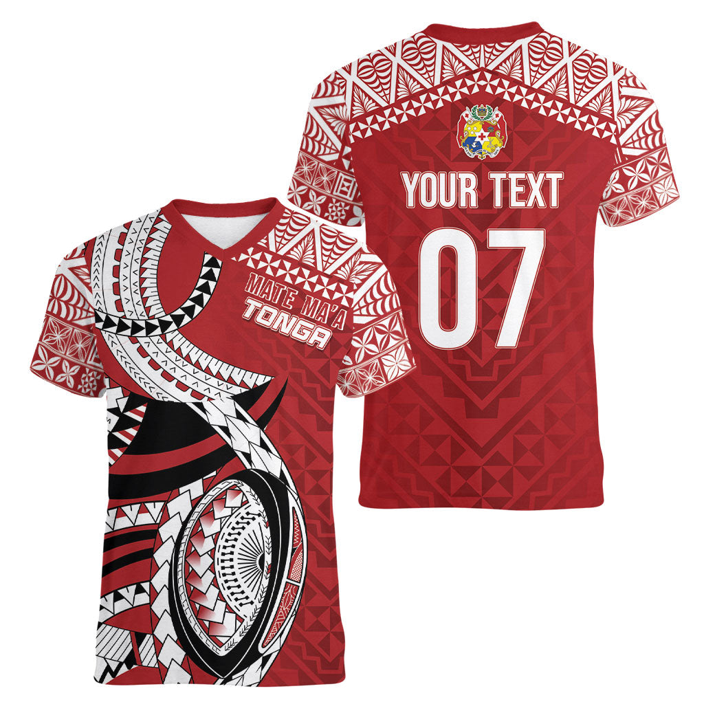 Mate Ma'a Tonga Rugby Custom Kupesi Motifs Women V-Neck T-Shirt Red Waves LT7 - Polynesian Pride