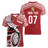 Mate Ma'a Tonga Rugby Custom Kupesi Motifs Women V-Neck T-Shirt Red Waves LT7 - Polynesian Pride