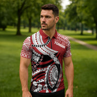 Mate Ma'a Tonga Rugby Custom Kupesi Motifs Zipper Polo Shirt Red Waves LT7 - Polynesian Pride