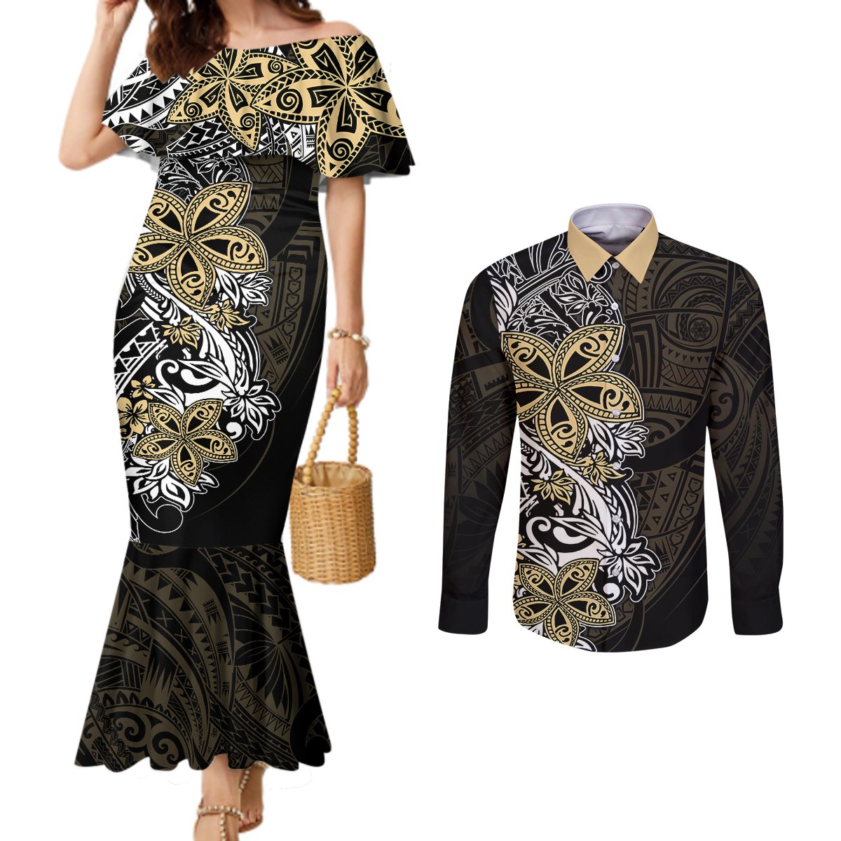 Polynesian Pride Couples Matching Mermaid Dress and Long Sleeve Button Shirts Tiare With Plumeria Mix Style LT7 Cream - Polynesian Pride