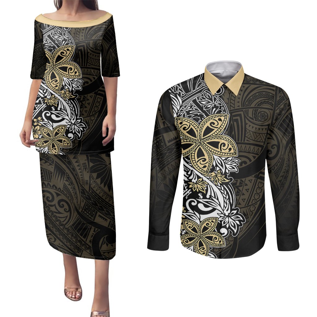 Polynesian Pride Couples Matching Puletasi Dress and Long Sleeve Button Shirts Tiare With Plumeria Mix Style LT7 Cream - Polynesian Pride