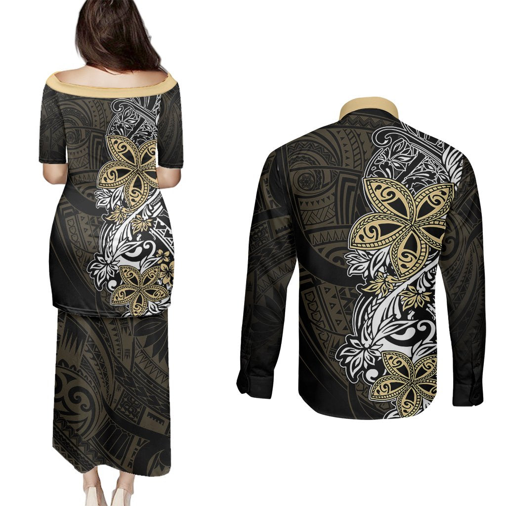 Polynesian Pride Couples Matching Puletasi Dress and Long Sleeve Button Shirts Tiare With Plumeria Mix Style LT7 - Polynesian Pride