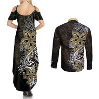 Polynesian Pride Couples Matching Summer Maxi Dress and Long Sleeve Button Shirts Tiare With Plumeria Mix Style LT7 - Polynesian Pride
