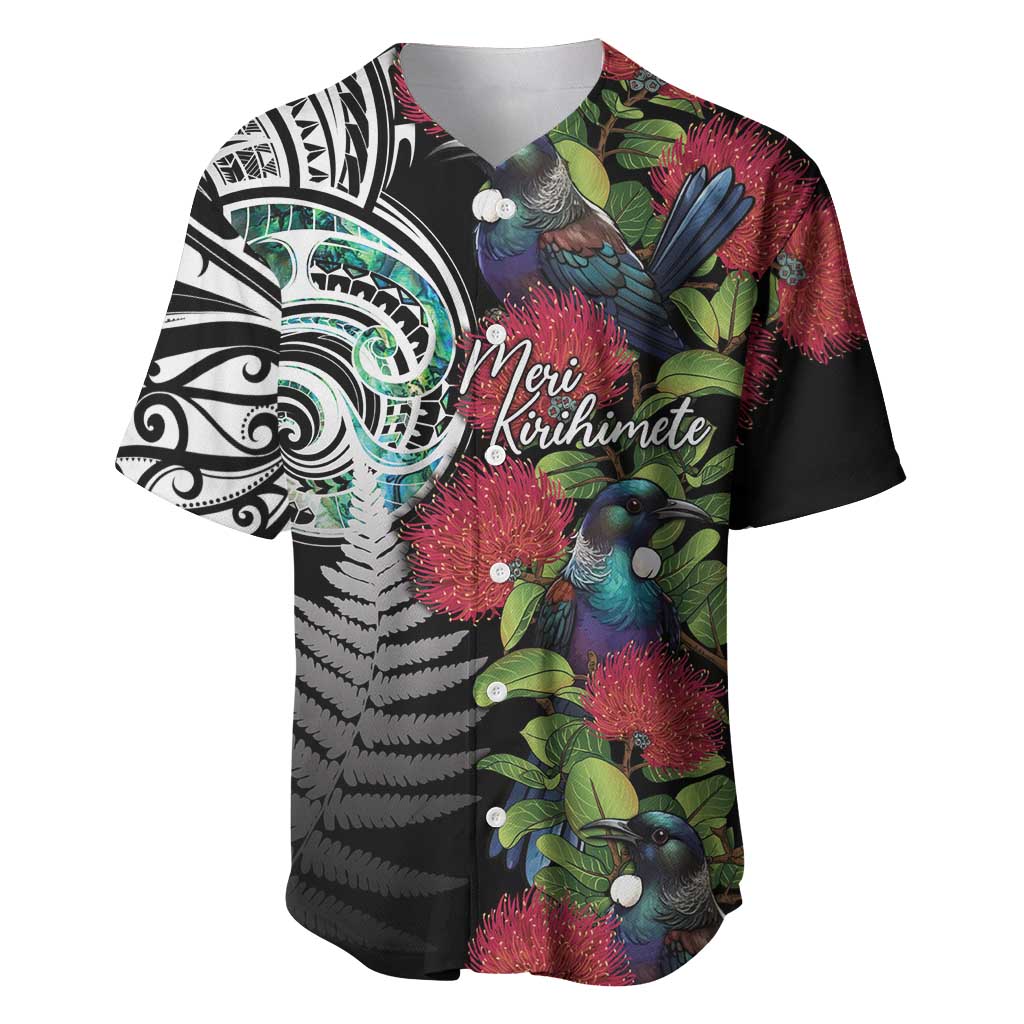 Meri Kirihimete New Zealand Baseball Jersey Tui on Pohutukawa LT7 Black - Polynesian Pride