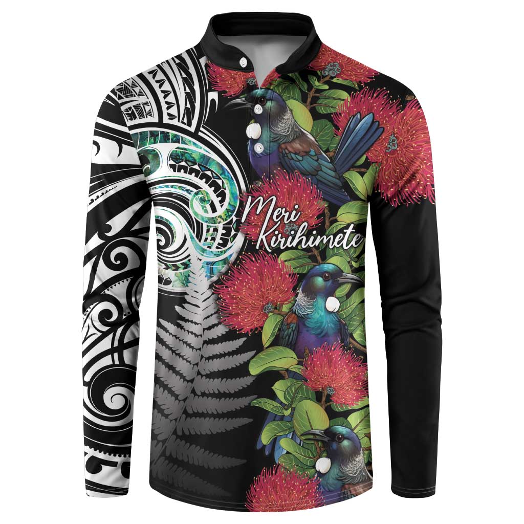 Meri Kirihimete New Zealand Button Sweatshirt Tui on Pohutukawa