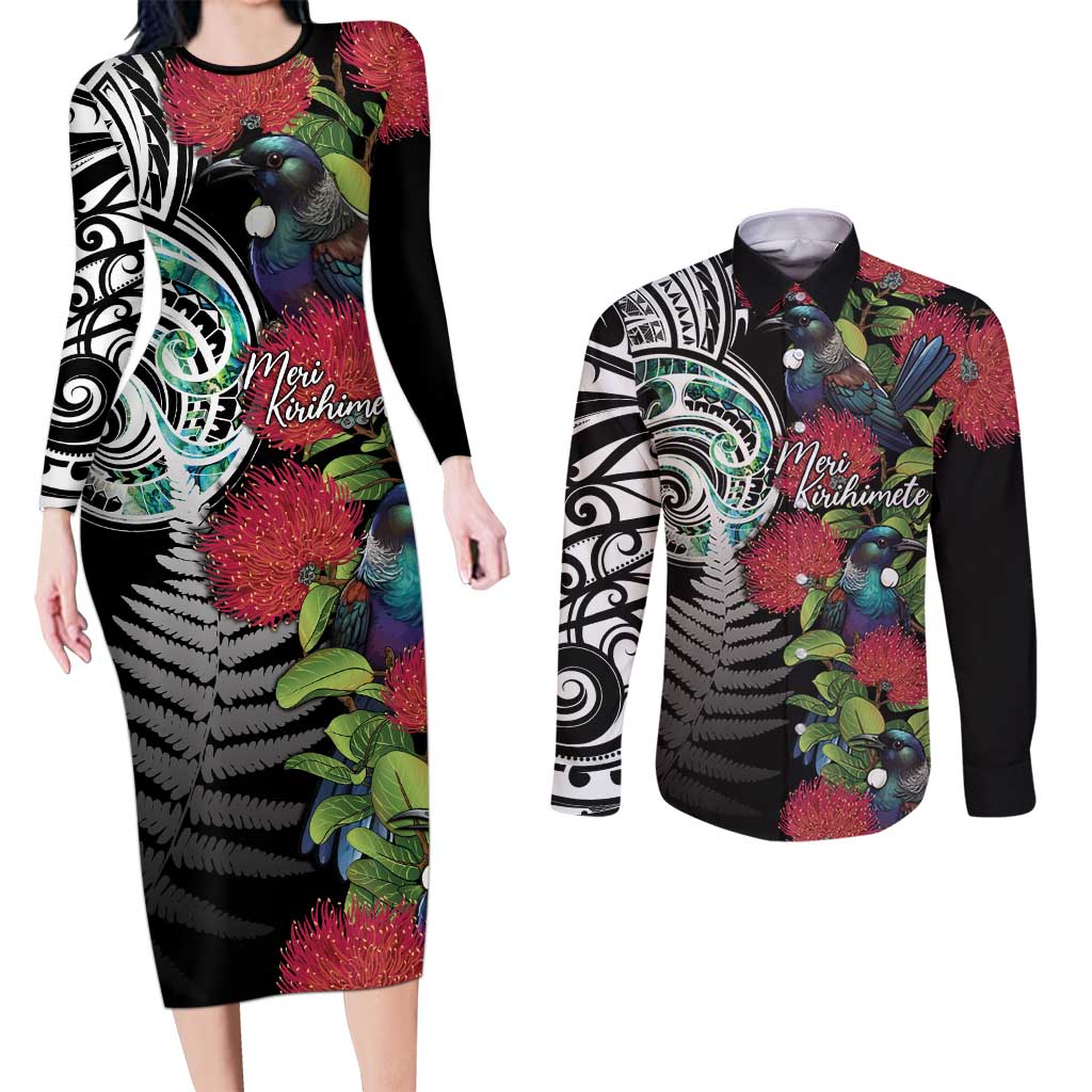 Meri Kirihimete New Zealand Couples Matching Long Sleeve Bodycon Dress and Long Sleeve Button Shirt Tui on Pohutukawa LT7 Black - Polynesian Pride