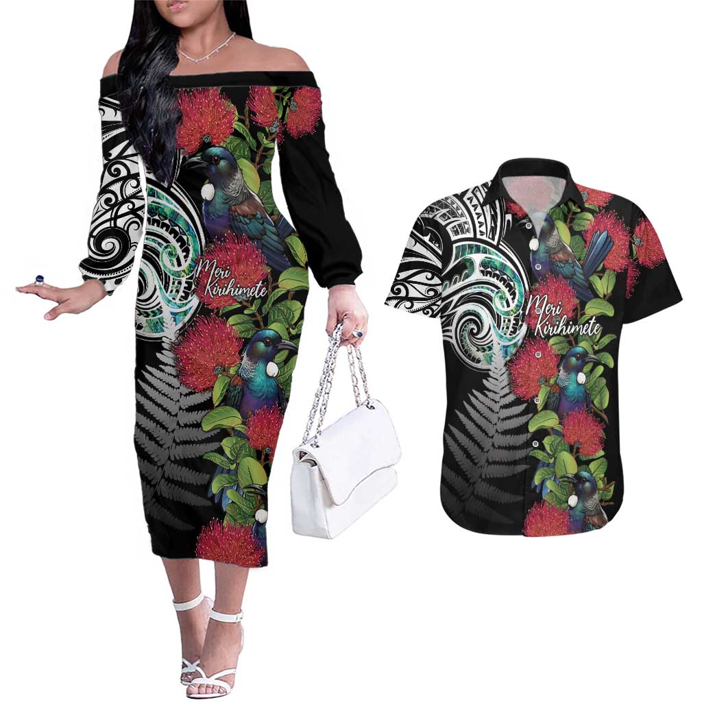 Meri Kirihimete New Zealand Couples Matching Off The Shoulder Long Sleeve Dress and Hawaiian Shirt Tui on Pohutukawa