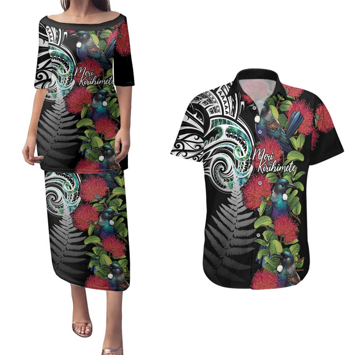 Meri Kirihimete New Zealand Couples Matching Puletasi and Hawaiian Shirt Tui on Pohutukawa