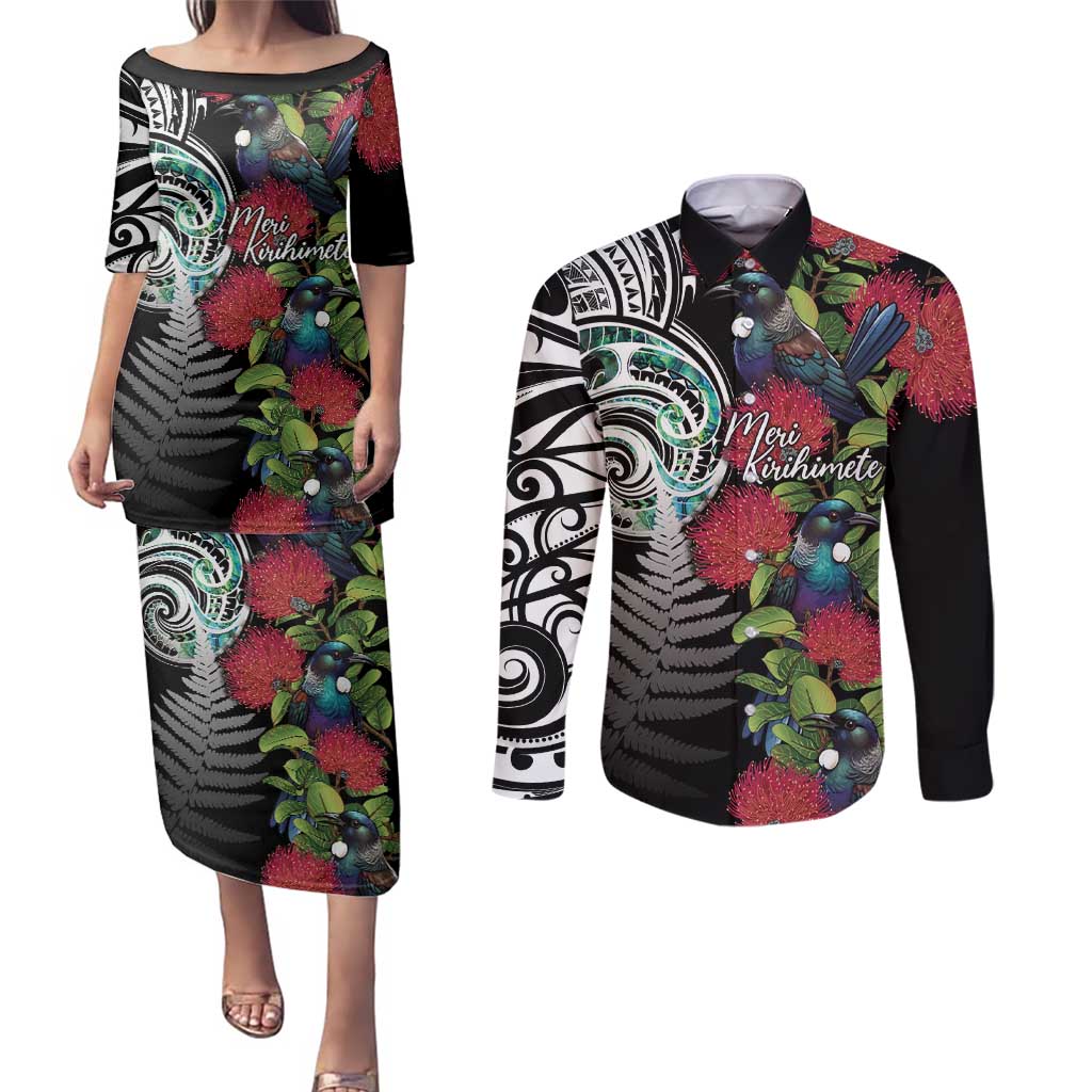 Meri Kirihimete New Zealand Couples Matching Puletasi and Long Sleeve Button Shirt Tui on Pohutukawa LT7 Black - Polynesian Pride