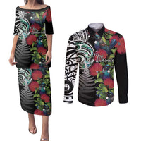 Meri Kirihimete New Zealand Couples Matching Puletasi and Long Sleeve Button Shirt Tui on Pohutukawa LT7 Black - Polynesian Pride