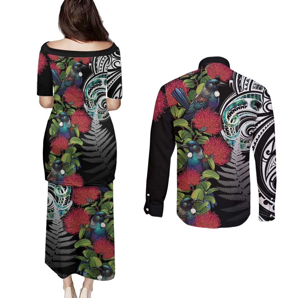 Meri Kirihimete New Zealand Couples Matching Puletasi and Long Sleeve Button Shirt Tui on Pohutukawa LT7 - Polynesian Pride
