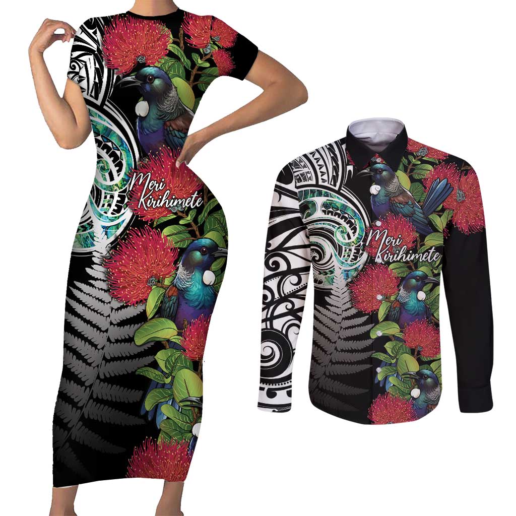 Meri Kirihimete New Zealand Couples Matching Short Sleeve Bodycon Dress and Long Sleeve Button Shirt Tui on Pohutukawa LT7 Black - Polynesian Pride