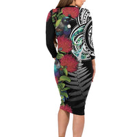 Meri Kirihimete New Zealand Long Sleeve Bodycon Dress Tui on Pohutukawa