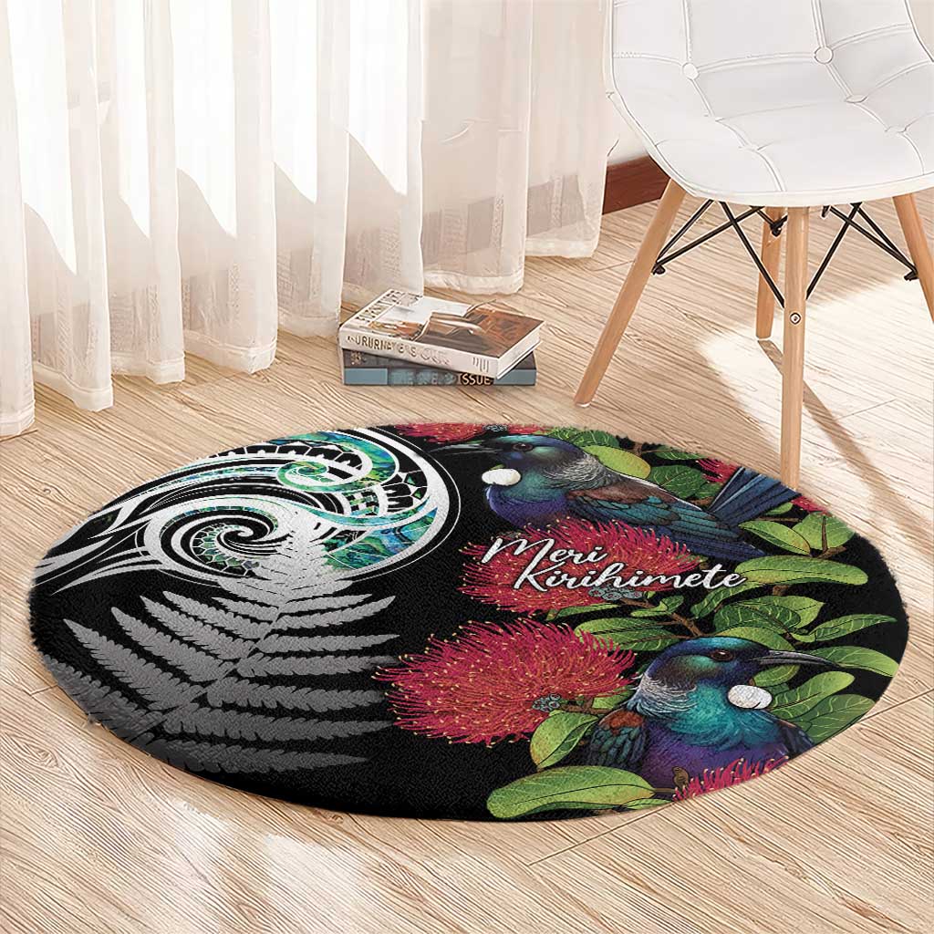 Meri Kirihimete New Zealand Round Carpet Tui on Pohutukawa