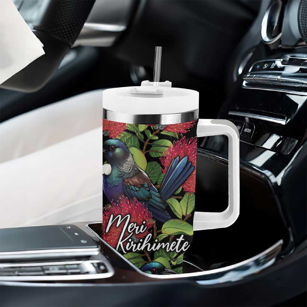 Meri Kirihimete New Zealand Tumbler With Handle Tui on Pohutukawa