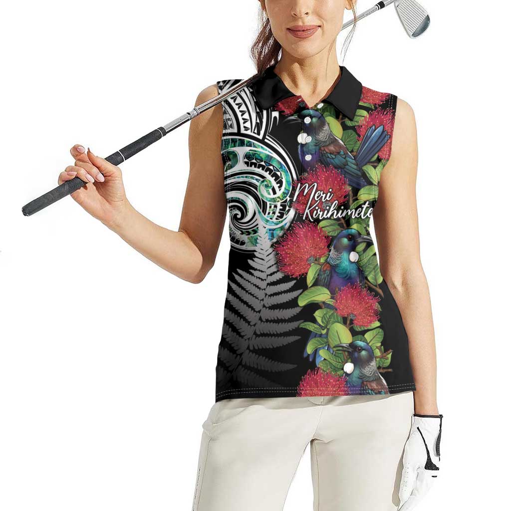 Meri Kirihimete New Zealand Women Sleeveless Polo Shirt Tui on Pohutukawa