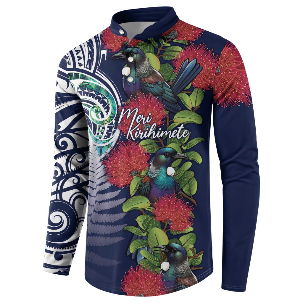 Meri Kirihimete New Zealand Button Sweatshirt Tui on Pohutukawa - Blue Ver