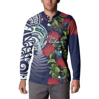 Meri Kirihimete New Zealand Button Sweatshirt Tui on Pohutukawa - Blue Ver