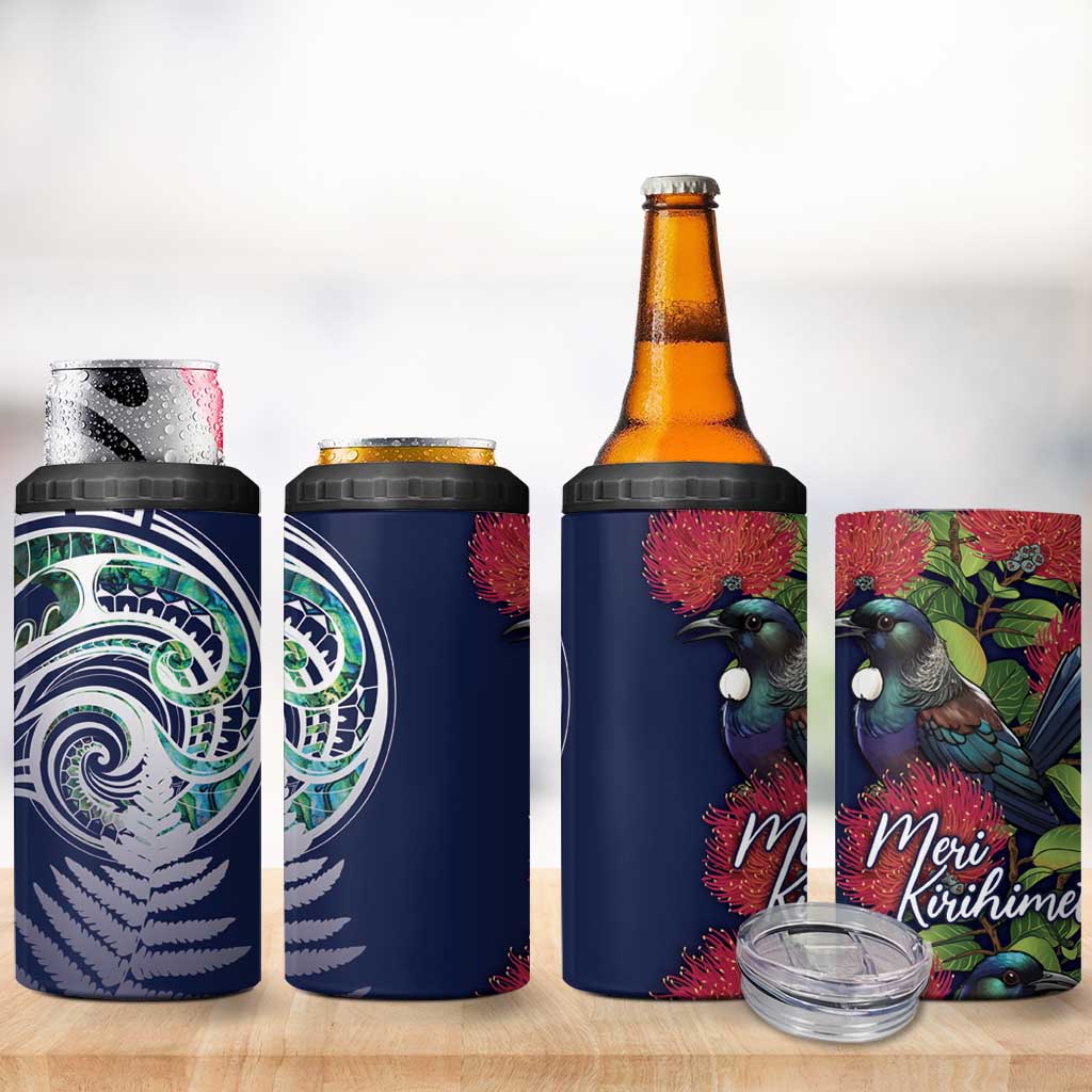 Meri Kirihimete New Zealand 4 in 1 Can Cooler Tumbler Tui on Pohutukawa - Blue Ver