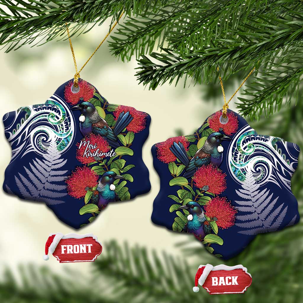 Meri Kirihimete New Zealand Ceramic Ornament Tui on Pohutukawa - Blue Ver LT7 Snow Flake Blue - Polynesian Pride