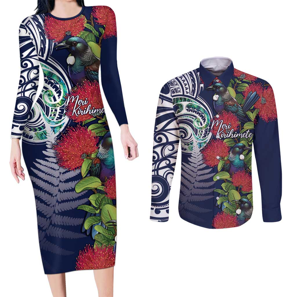 Meri Kirihimete New Zealand Couples Matching Long Sleeve Bodycon Dress and Long Sleeve Button Shirt Tui on Pohutukawa - Blue Ver LT7 Blue - Polynesian Pride