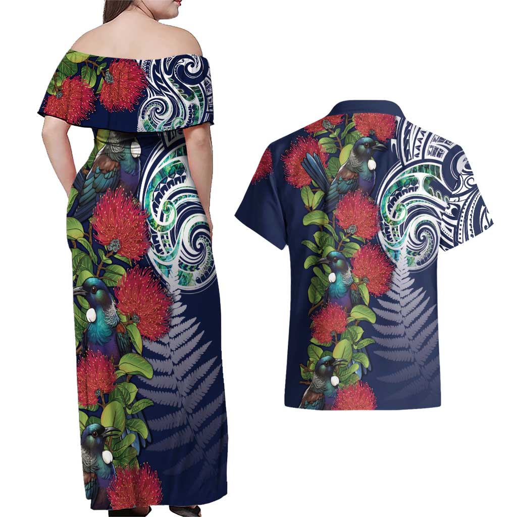 Meri Kirihimete New Zealand Couples Matching Off Shoulder Maxi Dress and Hawaiian Shirt Tui on Pohutukawa - Blue Ver