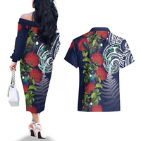 Meri Kirihimete New Zealand Couples Matching Off The Shoulder Long Sleeve Dress and Hawaiian Shirt Tui on Pohutukawa - Blue Ver