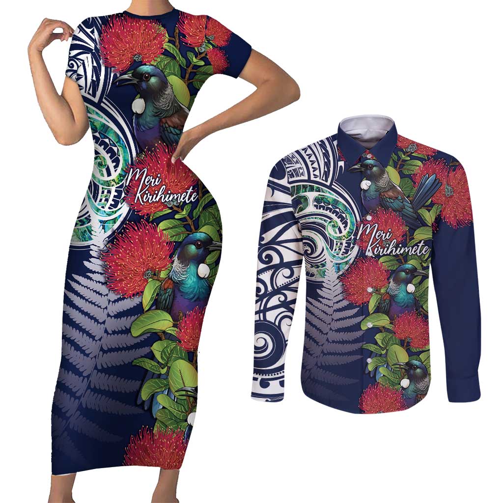 Meri Kirihimete New Zealand Couples Matching Short Sleeve Bodycon Dress and Long Sleeve Button Shirt Tui on Pohutukawa - Blue Ver LT7 Blue - Polynesian Pride
